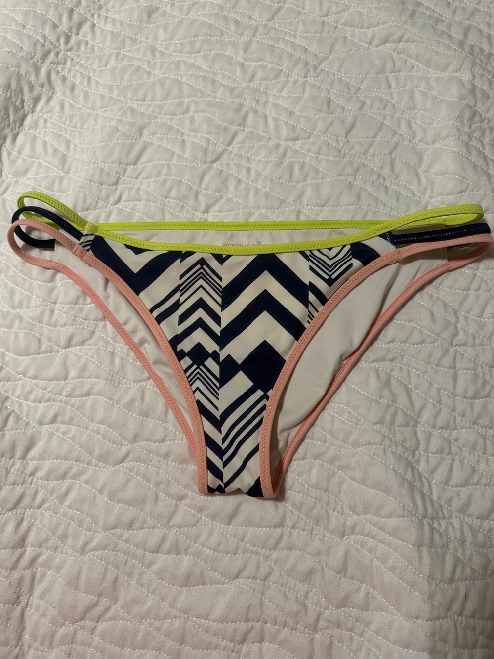 Victoria's Secret Navy Chevron Bikini Bottom with Pink and Neon Yellow Trim